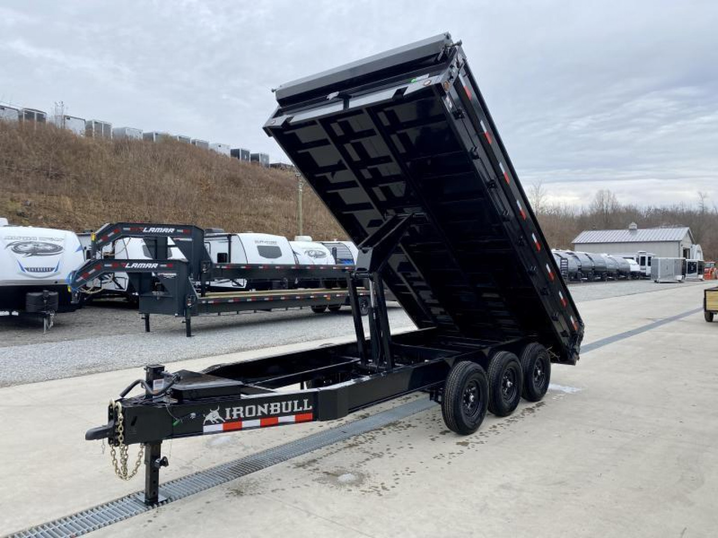 New 2025 Ironbull 8x16' Deckover Dump Trailer 21000# GVW * TRIPLE AXLE * TARP KIT * 10" I-BEAM FRAME * BED RUNNERS * 12K JACK * FOLD DOWN SIDES * OVERSIZE 5x20 SCISSOR * INTGRATED KEYWAY/10GA WALLS * IRONCLAD WARRANTY