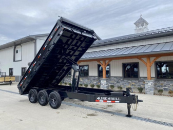 New 2025 Ironbull 8x16' Deckover Dump Trailer 21000# GVW * TRIPLE AXLE * TARP KIT * 10" I-BEAM FRAME * BED RUNNERS * 12K JACK * FOLD DOWN SIDES * OVERSIZE 5x20 SCISSOR * INTGRATED KEYWAY/10GA WALLS * IRONCLAD WARRANTY