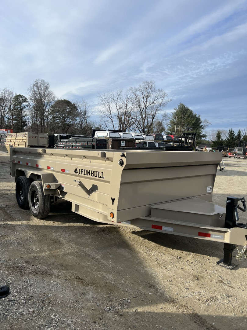 New 2025 Iron Bull Dump Trailer / DTB Series / 83" Wide x 16' Long / Scissor Hoist / Ramp / Tarp / 24" High Sides / TAN IN COLOR
