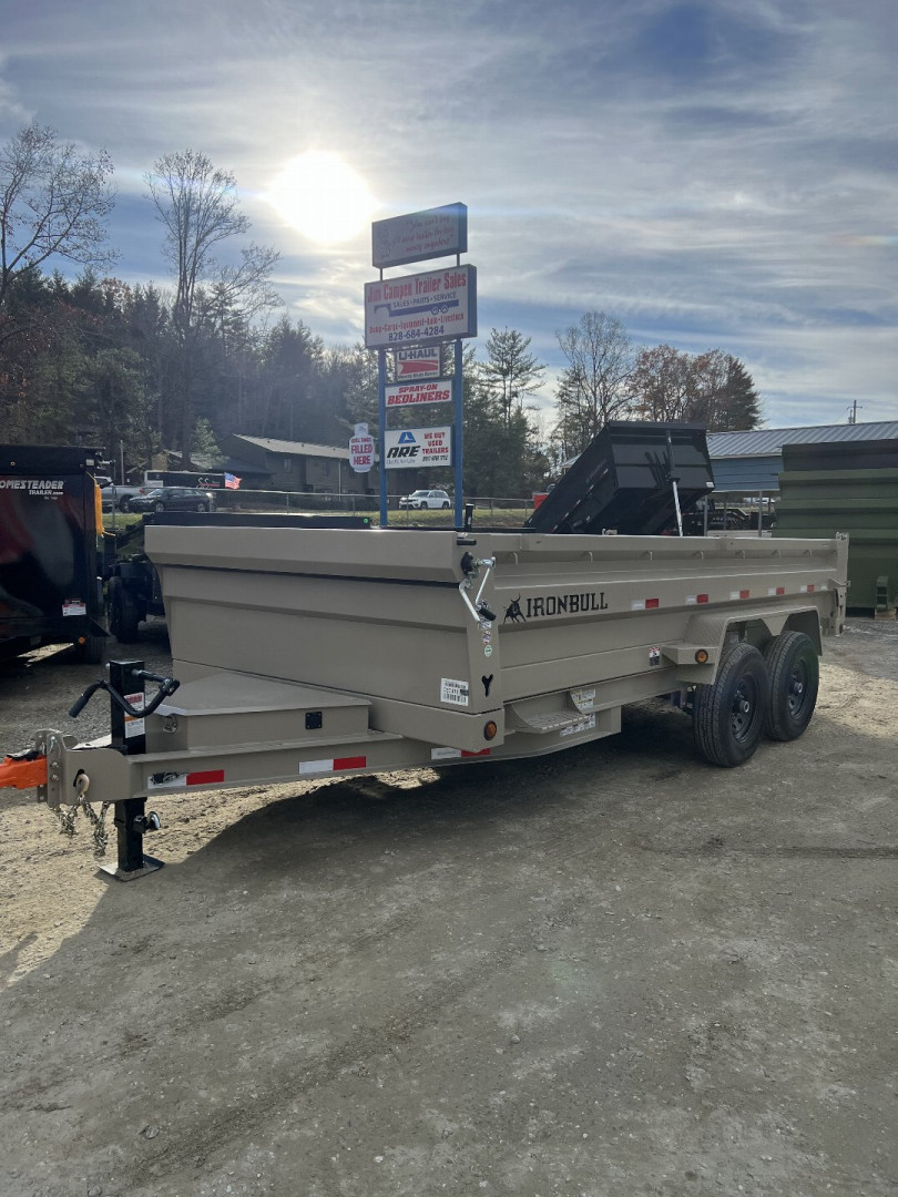 New 2025 Iron Bull Dump Trailer / DTB Series / 83" Wide x 16' Long / Scissor Hoist / Ramp / Tarp / 24" High Sides / TAN IN COLOR