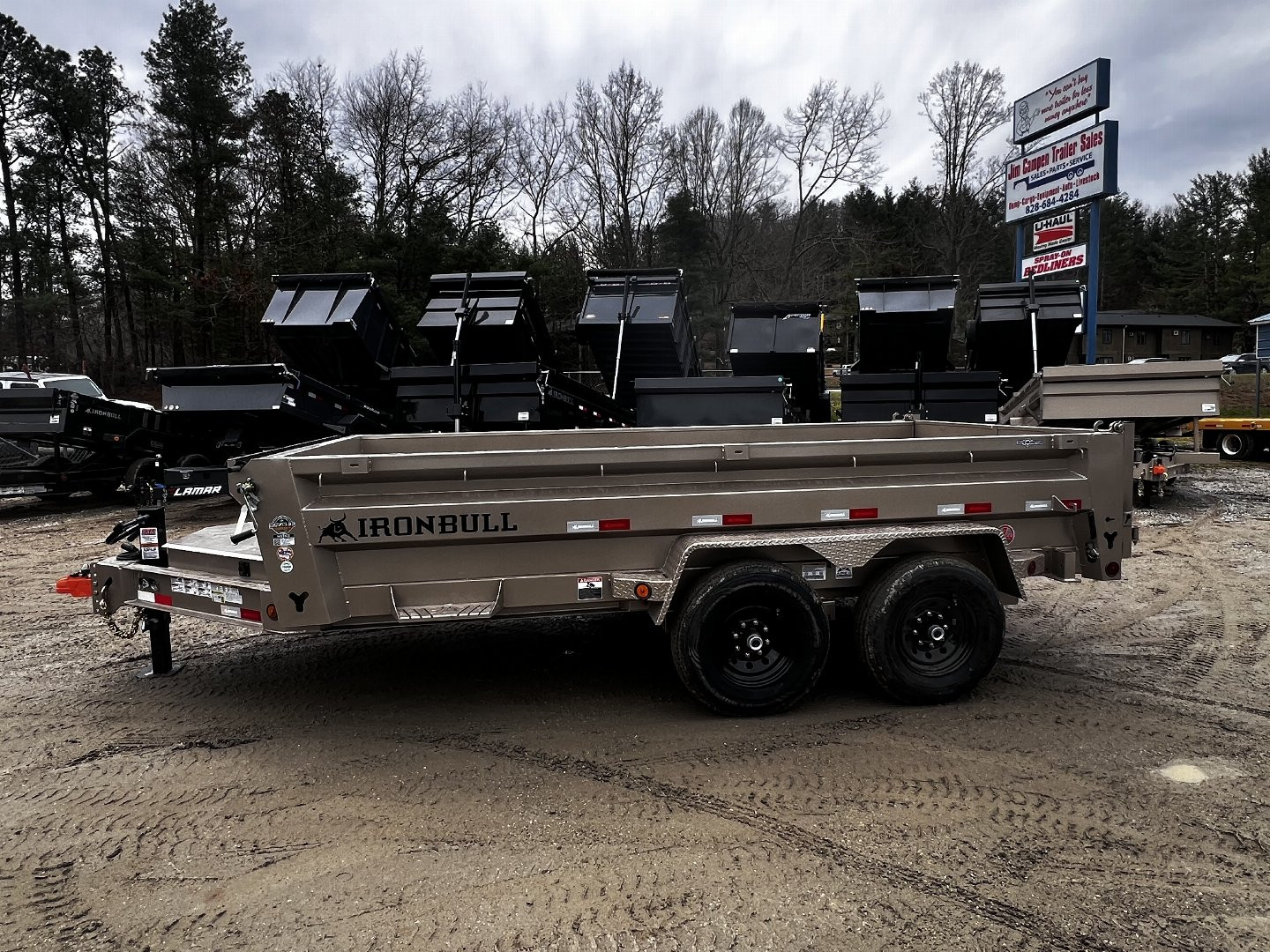 New 2025 Iron Bull Dump Trailer / DWB Series / 83" Wide x 14' Long / 2-7,000# Electric Brake Axles / Tarp / Ramps / Combo Rear Gate / Tan Powder Coat