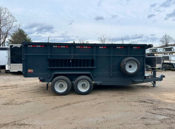 New 2025 COVERED WAGON TRAILERS / Prospector 7X16X4X16-T Dump Trailer / 7' Wide x 16' Long / 4' High Sides / 2-8000# Electric Brake Axles / Ramps / Tarp / Barn Door Tail Gates / Telescopic Hoist / 215 75 17.5 16 ply tires / Spare Tire and Wheel