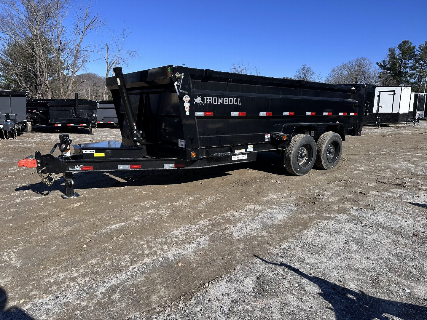 New 2025 Iron Bull Dump Trailer / DTB Series / 83" Wide x 16' Long / Telescopic Hoist / Ramp / Tarp / 36" High Sides / 2- 8,000# Electric Brake Axles / 17.5" Tires & Wheels / Matching Spare Tire & Wheel