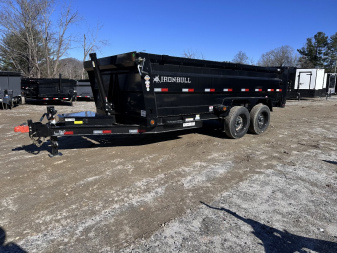 New 2025 Iron Bull Dump Trailer / DTB Series / 83" Wide x 16' Long / Telescopic Hoist / Ramp / Tarp / 36" High Sides / 2- 8,000# Electric Brake Axles / 17.5" Tires & Wheels / Matching Spare Tire & Wheel