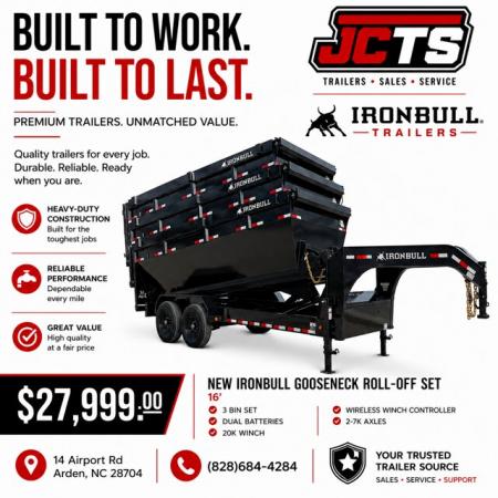 New 2025 IRON BULL / ROLL-OFF DUMP TRAILER / 2-7,000# AXLES / 20 K WARRIOR WINCH / WITH 3-GRAY 16' DUMP BINS
