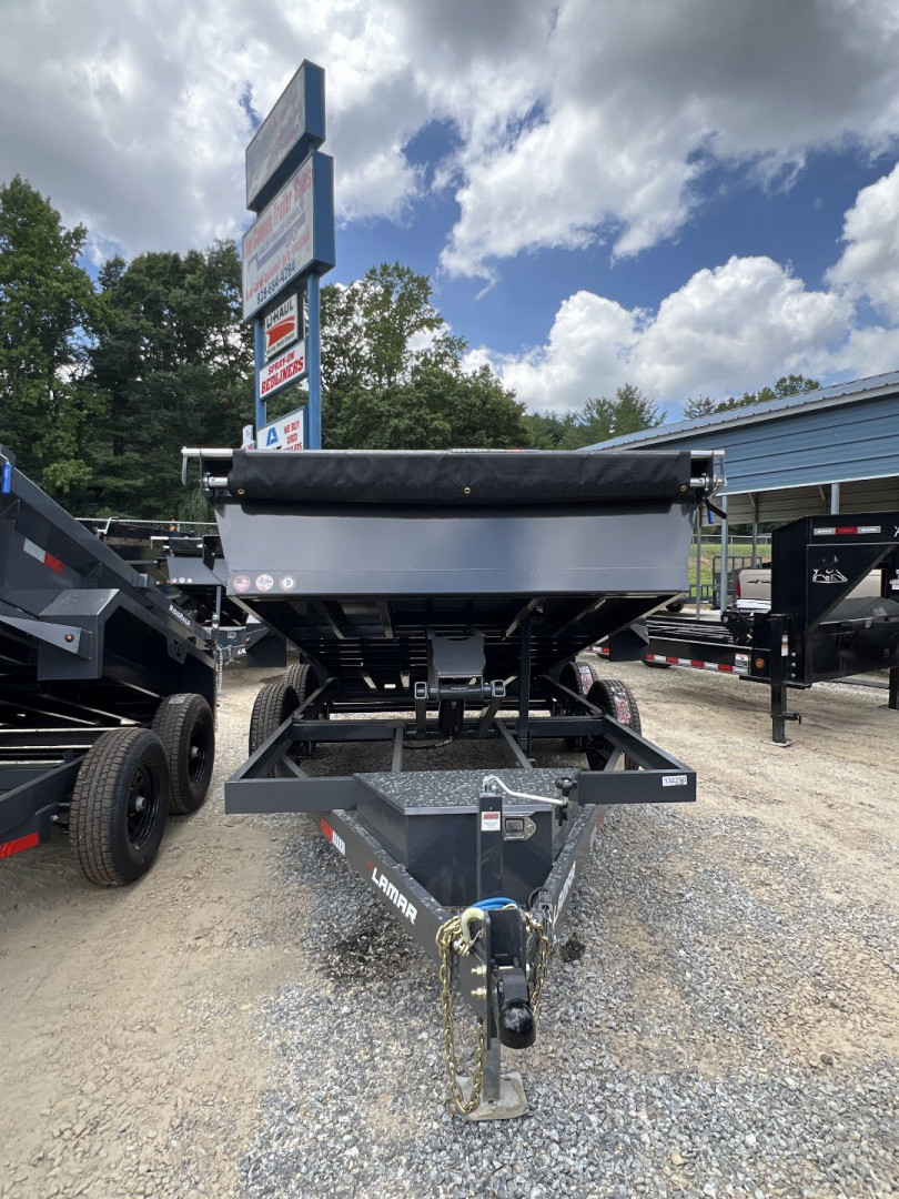 New 2025 Lamar Dump Trailer / DM771225 Series / 77" x 12' / Tarp / Ramps / 2-5200# Electric Brake Axles / 18" High Sides / Combo Rear Gate