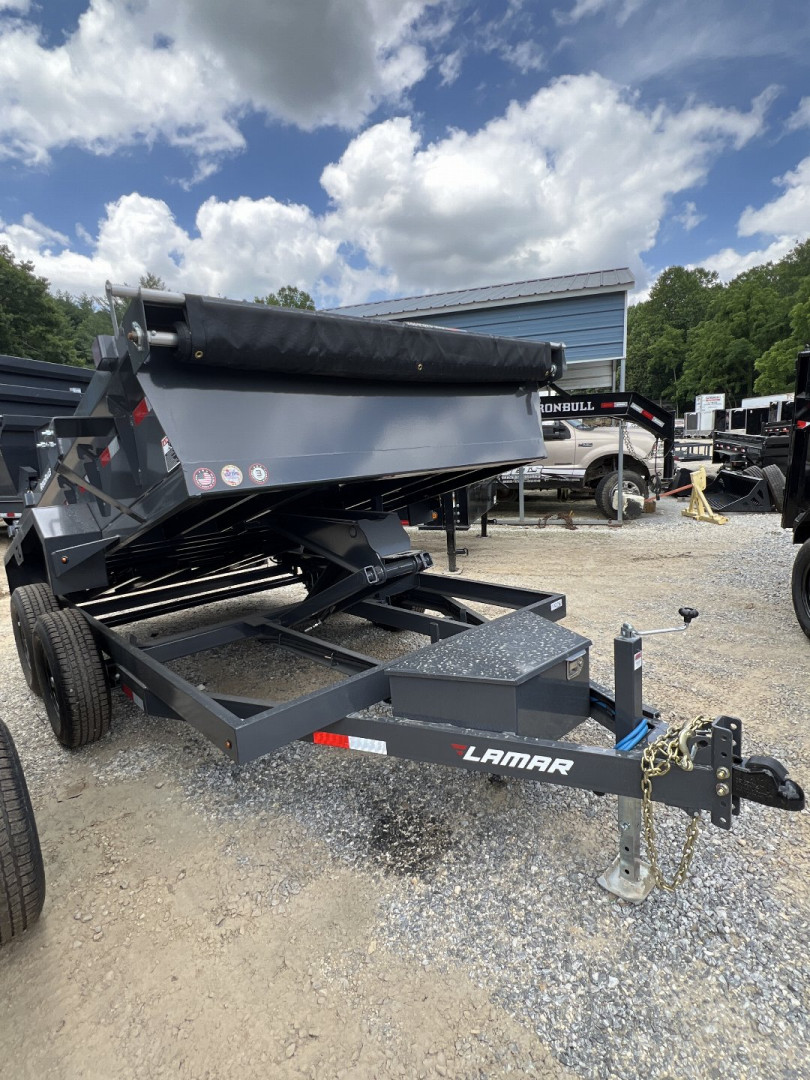 New 2025 Lamar Dump Trailer / DM771225 Series / 77" x 12' / Tarp / Ramps / 2-5200# Electric Brake Axles / 18" High Sides / Combo Rear Gate