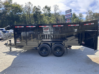 New 2025 Prospector 7X14X4X14-T Dump Trailer / 7' Wide x 14' Long / 4' High Sides / Ramps / Tarp / Barn Door Tail Gates / Telescopic Hoist / 14 ply tires / Spare Tire and Wheel