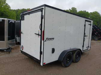 New 2025 Homesteader Trailers / 714IT Intrepid / 7' Interior Height / .030 White Aluminum w/ Black Out Pkg / Ramp Rear Door / 32" Side Door w/ RV Lock / 4-Recessed Floor D-Rings