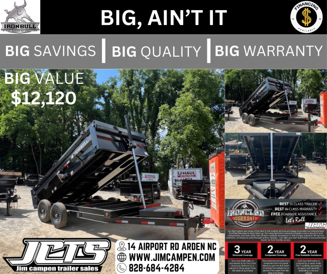 New 2024 Iron Bull Dump Trailer / DTB Series / 83" Wide x 14' Long / Telescopic Hoist / Ramp / Tarp / 24" High Sides