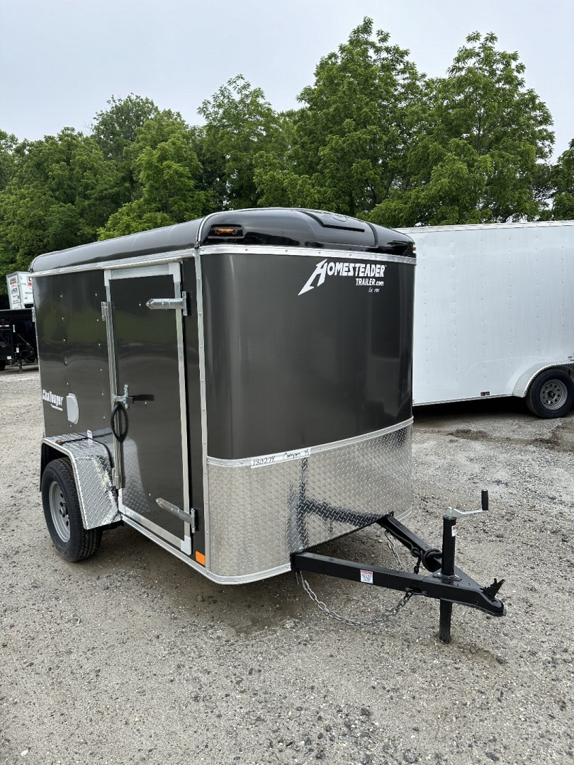 New 2025 Homesteader Trailer / Challenger Series / 5x8 / 5'7" Interior Height / Single Swing Rear Door / 32" Side Door / 24" Stoneguard / .030 Charcoal Gray Aluminum