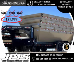 New 2025 IRON BULL / ROLL-OFF DUMP TRAILER / 2-7,000# AXLES / 20 K WARRIOR WINCH / WITH 3-16' DUMP BINS