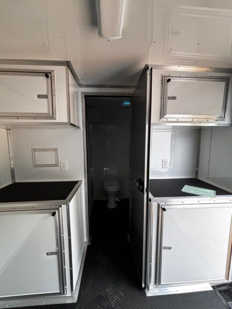 New 2025 8.5X34' BATHROOM RACE TRAILER -BLACKOUT TRIM-ESCAPE DOOR-TRIPLE AXLE-7' INTERIOR HEIGHT-CABINETS Car / Racing Trailer