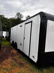 New 2025 8.5X24' WHITE RACE TRAILER-BLACKOUT TRIM-5200# TORSION AXLES-ESCAPE DOOR-REAR SPOILER W/ LOADING LIGHTS Car / Racing Trailer