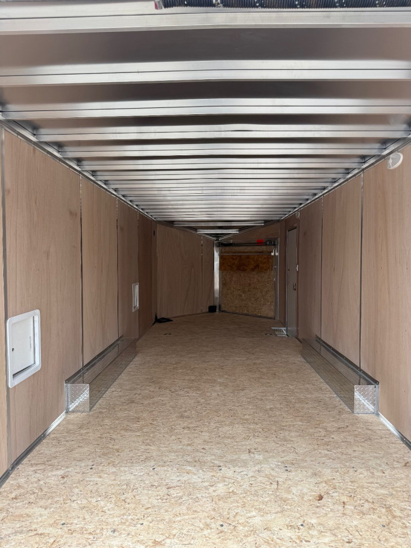 New 2025 Lightning 8.5 x 22 Enclosed All Aluminum Car Hauler with FRONT Ramp 10K GVW 6ft 6in Interior Height - SALE UNIT steel rims