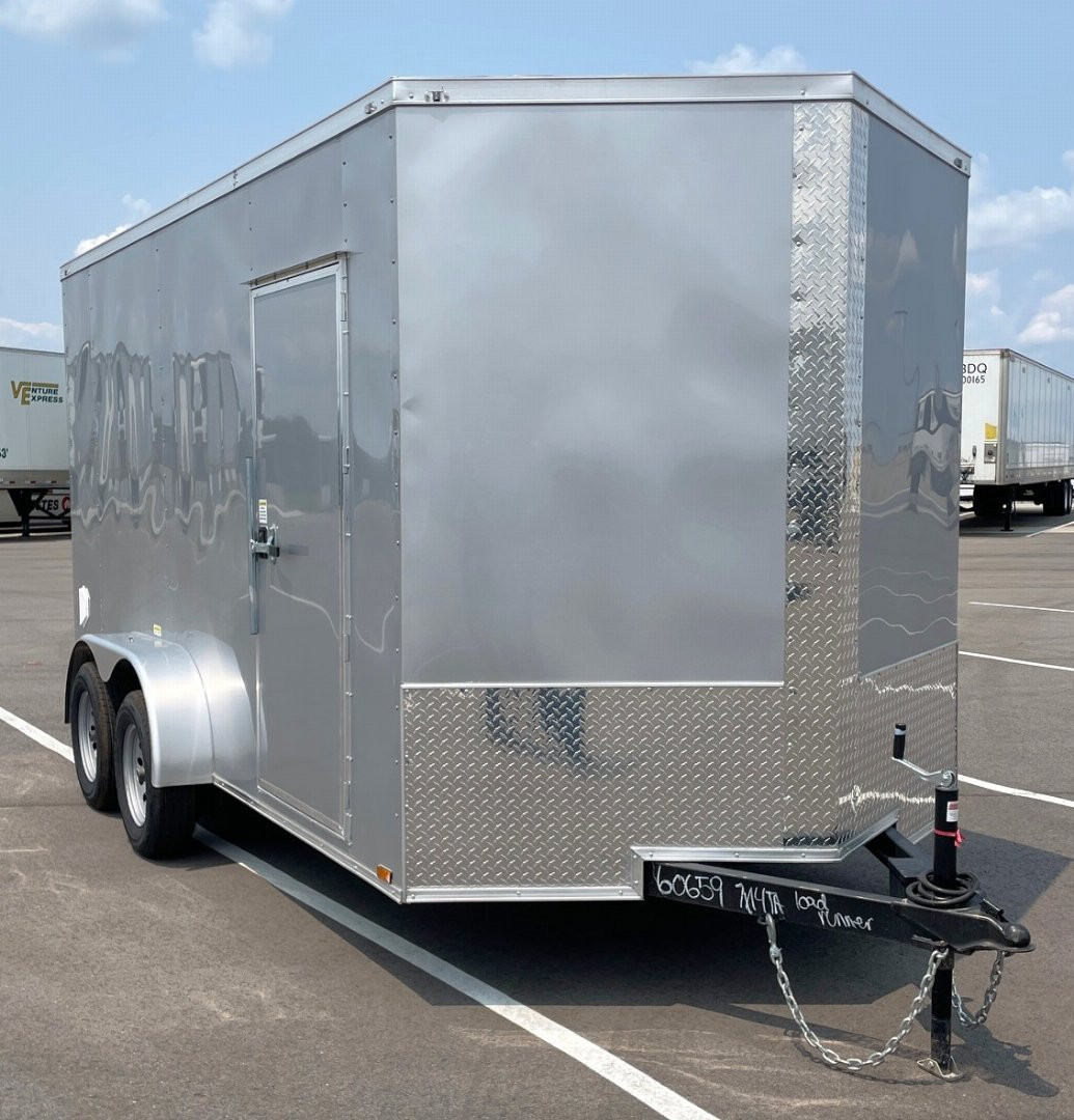 New 7x14 Silver Tandem Axle Enclosed Cargo Trailer- 7' Height, Ramp Door, 7000 GVWR