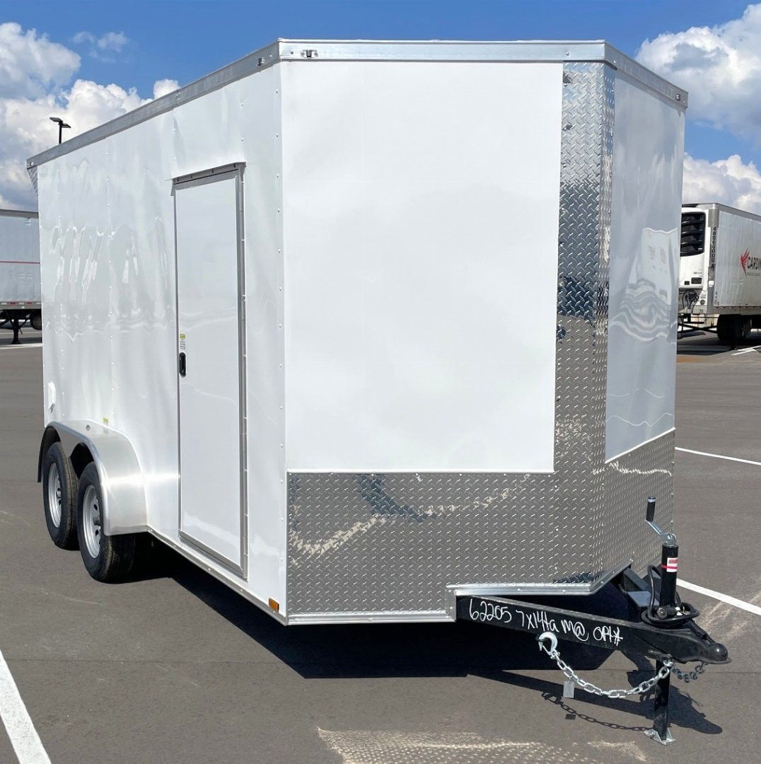 New 7x14 Tandem Axle V-Nose Enclosed Cargo Trailer: 7' Height, Rear Spoiler, D-Rings, 7,000 GVWR