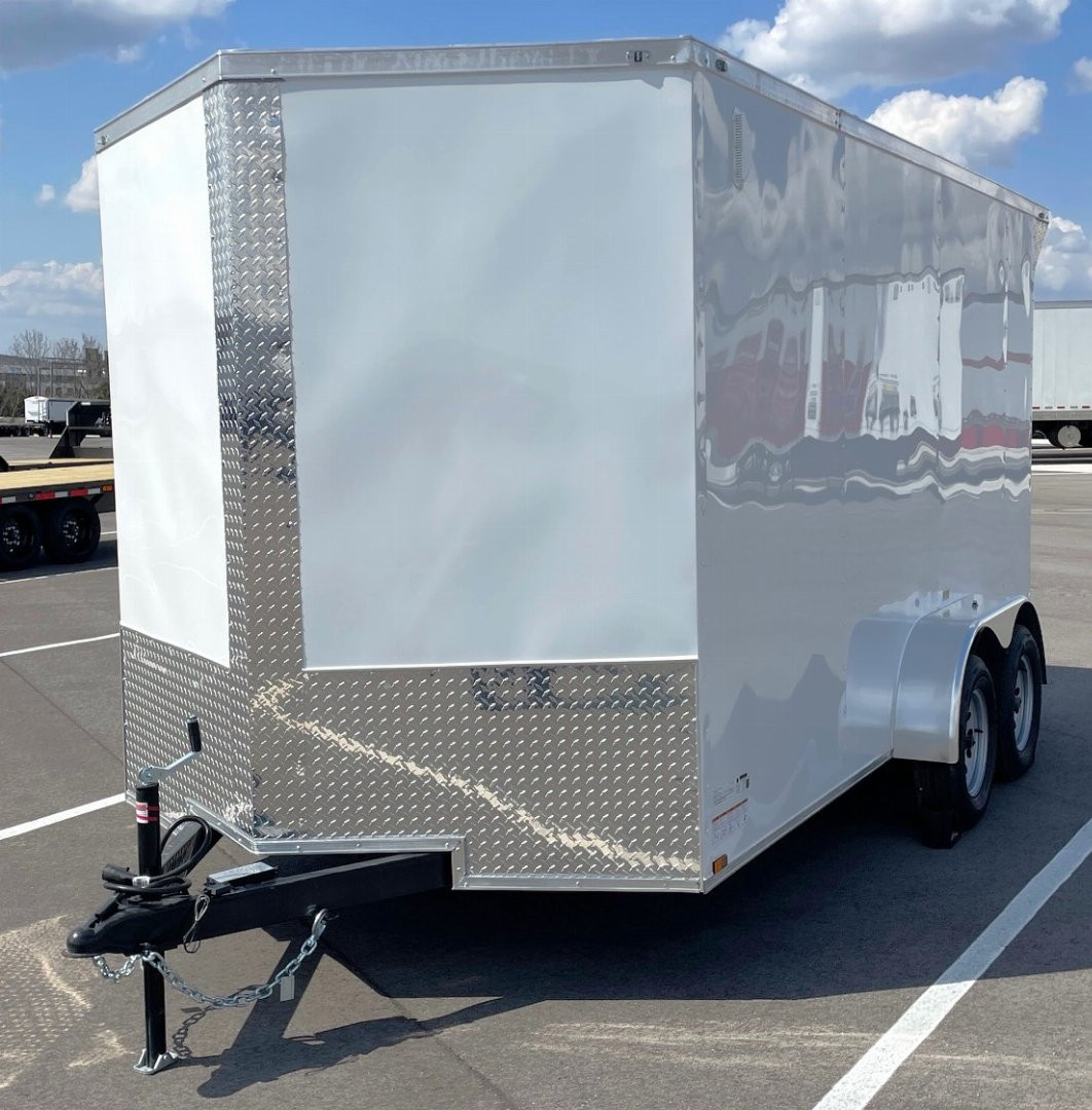 New 7x14 Tandem Axle V-Nose Enclosed Cargo Trailer: 7' Height, Rear Spoiler, D-Rings, 7,000 GVWR