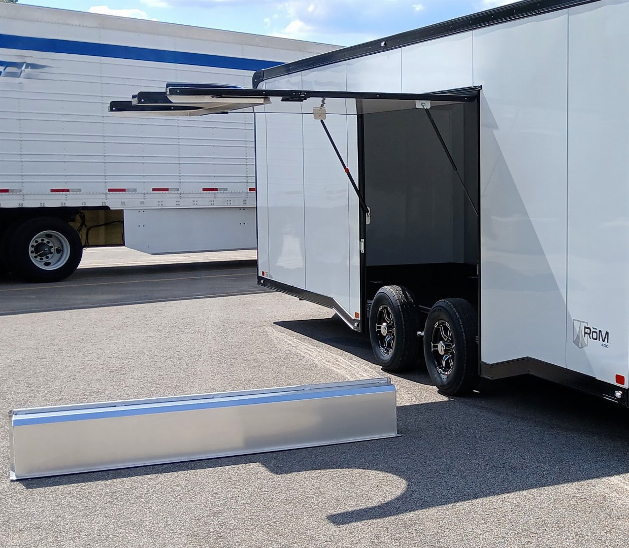 New CLEARANCE! ATC 8.5 x 24' White Car Hauler / Racing Trailer w/ Spare, Aluminum Interior, Blackout trim