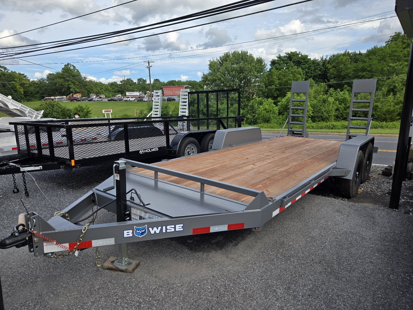 New 7 x 18 B-Wise EH18-12 Low Profile Implement Equipment Trailer, 12K GVWR **Hammertone Gray w/Adj. Coupler, 5' Spring Assist Ramps