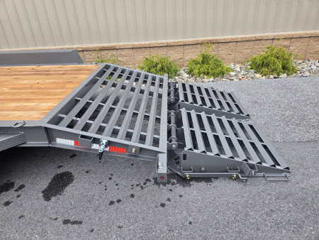 New 7 x 20 BWISE EF20-14-HD Equipment Trailer, 15.4K GVWR ***Hammertone Gray w/ I-Beam Frame, Full-Width Ramps, Winch Mount, 3' Self-Cleaning Dovetail