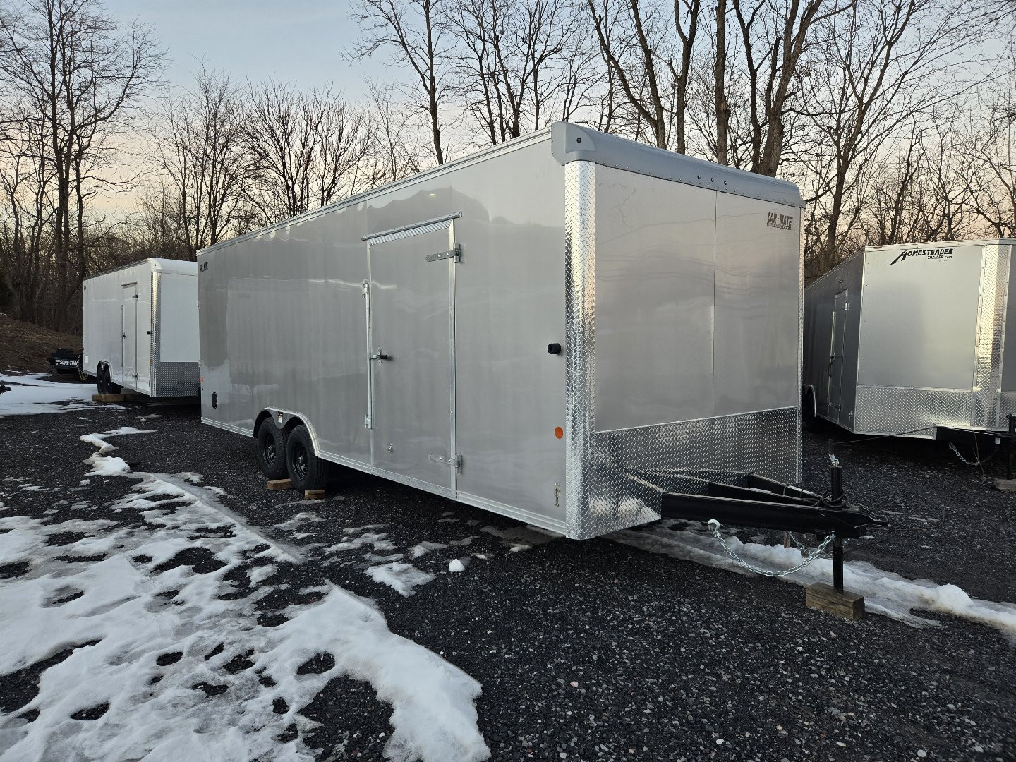 New 8.5 x 24 Car-Mate Custom Car Trailer, 10K GVWR ***Silver w/6k Torsion Axles, 6" Extra Height, & Get-Out Door
