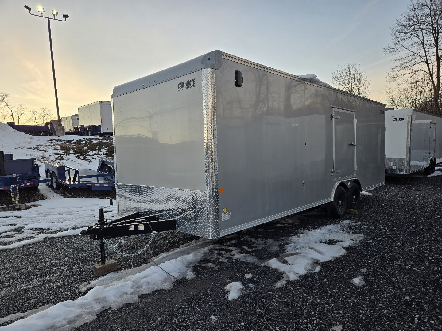 New 8.5 x 24 Car-Mate Custom Car Trailer, 10K GVWR ***Silver w/6k Torsion Axles, 6" Extra Height, & Get-Out Door