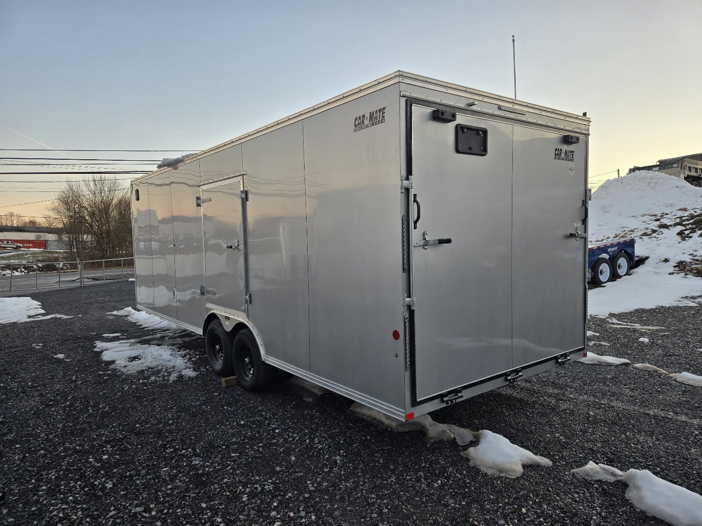 New 8.5 x 24 Car-Mate Custom Car Trailer, 10K GVWR ***Silver w/6k Torsion Axles, 6" Extra Height, & Get-Out Door