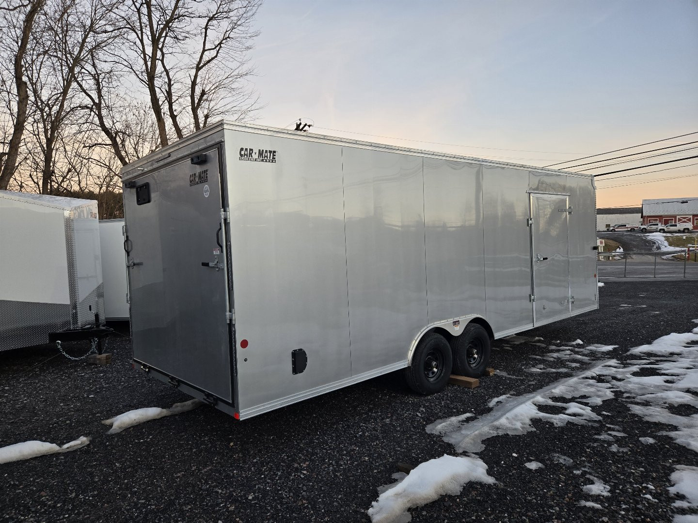 New 8.5 x 24 Car-Mate Custom Car Trailer, 10K GVWR ***Silver w/6k Torsion Axles, 6" Extra Height, & Get-Out Door