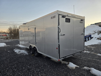 New 8.5 x 24 Car-Mate Custom Car Trailer, 10K GVWR ***Silver w/6k Torsion Axles, 6" Extra Height, & Get-Out Door
