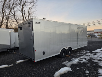 New 8.5 x 24 Car-Mate Custom Car Trailer, 10K GVWR ***Silver w/6k Torsion Axles, 6" Extra Height, & Get-Out Door