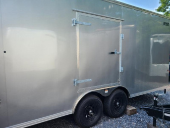 New 8.5 x 24 Car-Mate Custom Car Trailer, 10K GVWR ***Silver w/6k Torsion Axles, 6" Extra Height, & Get-Out Door