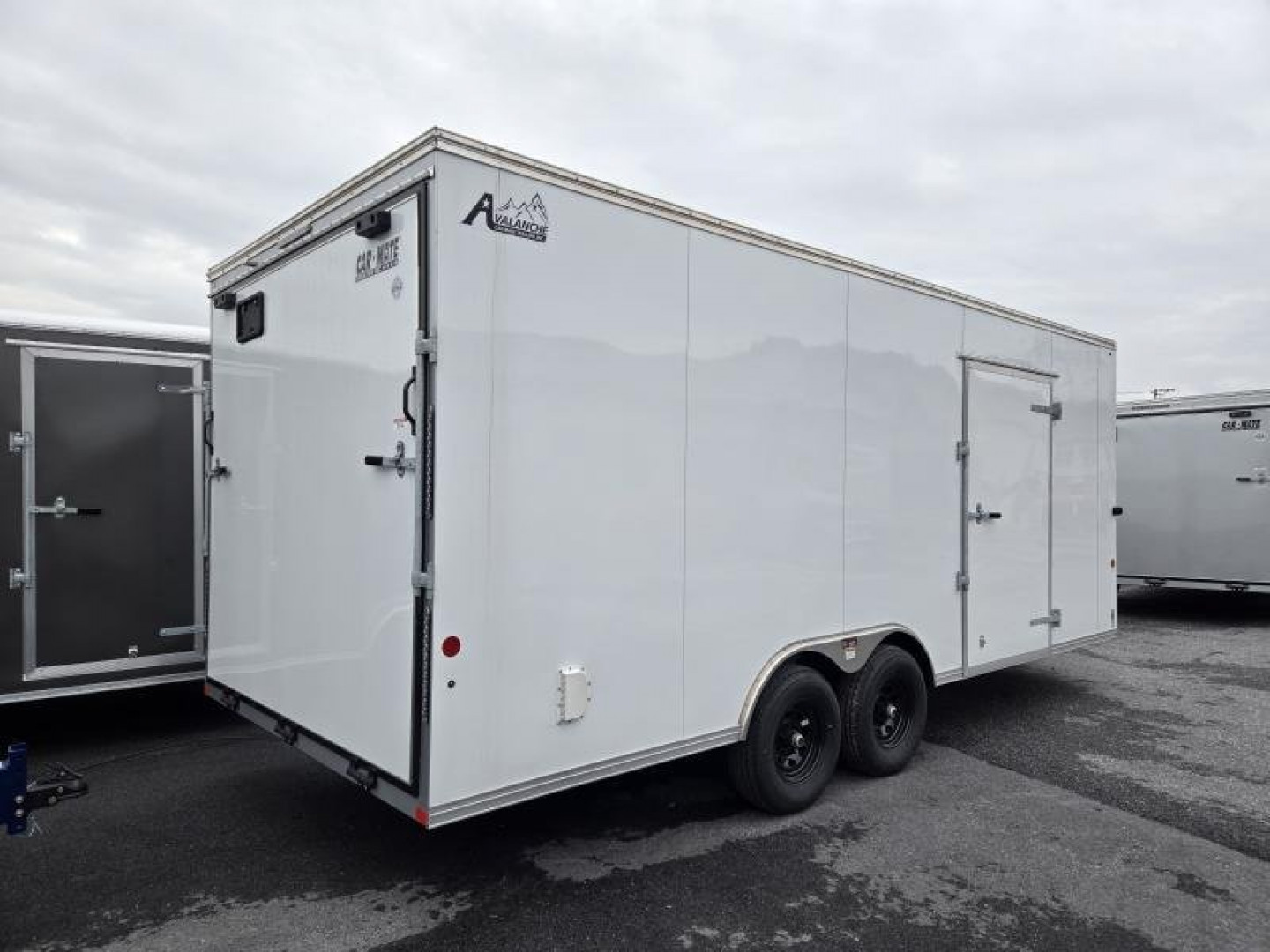 New 8.5 x 20 Car Mate AVALANCHE V-Nose Cargo Trailer, 10k GVWR  ***White w/Get Out Door, 6" Extra Height, Ramp Door, Black Wheels, HD Tie Downs