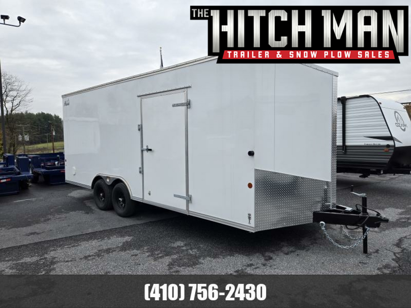 New 8.5 x 20 Car Mate AVALANCHE V-Nose Cargo Trailer, 10k GVWR  ***White w/Get Out Door, 6" Extra Height, Ramp Door, Black Wheels, HD Tie Downs