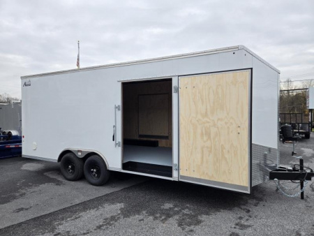 New 8.5 x 20 Car Mate AVALANCHE V-Nose Enclosed Car Trailer, 10k GVWR ***White w/Get Out Door, 6" Extra Height, Ramp Door, Black Wheels, HD Tie Downs