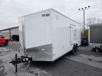 New 8.5 x 20 Car Mate AVALANCHE V-Nose Enclosed Car Trailer, 10k GVWR ***White w/Get Out Door, 6  Extra Height, Ramp Door, Black Wheels, HD Tie Downs