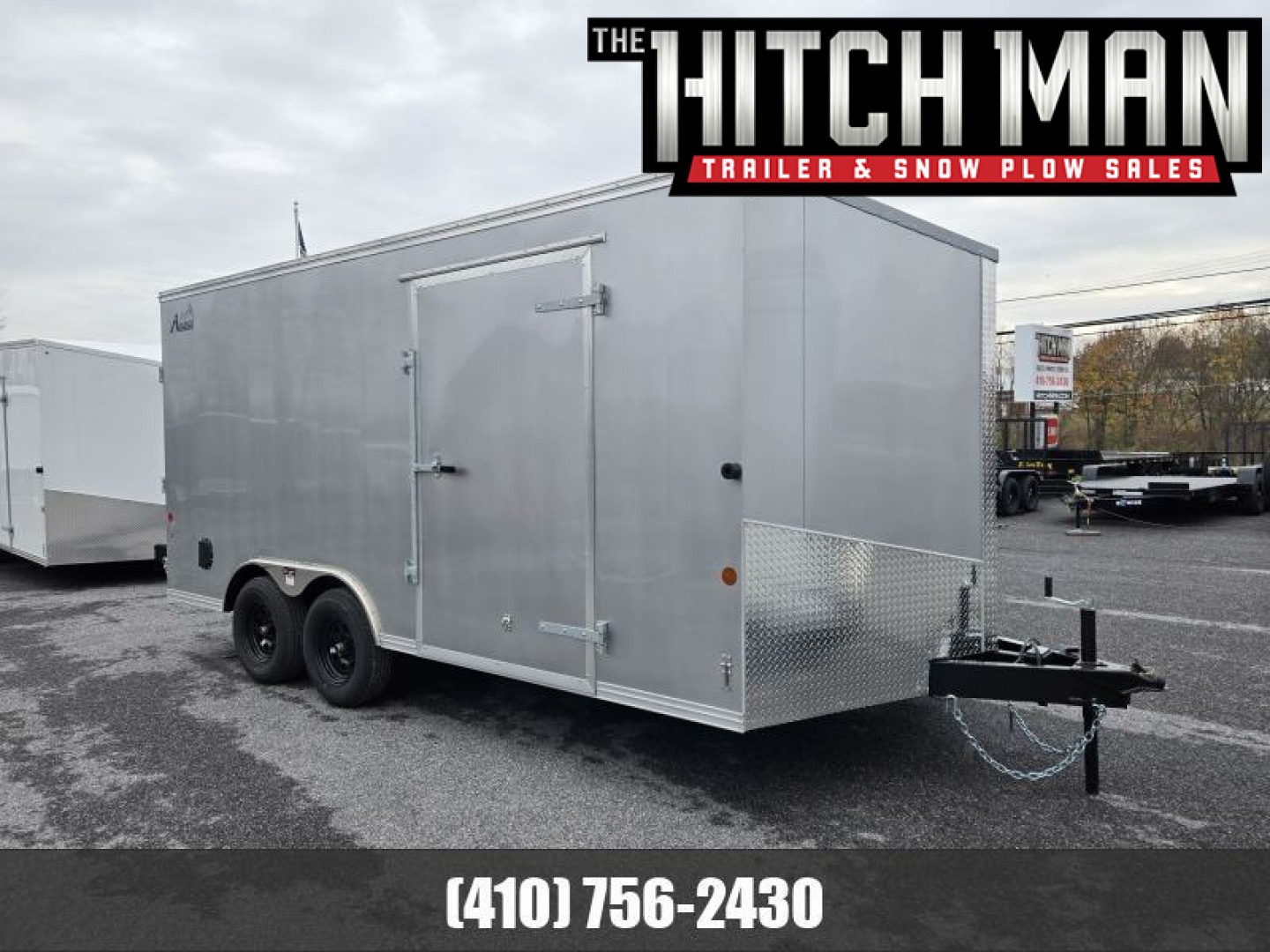 New 8.5 x 16 Car Mate AVALANCHE V-Nose Cargo Trailer, 7k GVWR  ***Silver w/Get Out Door, Ramp Door, Black Wheels, HD Tie Downs