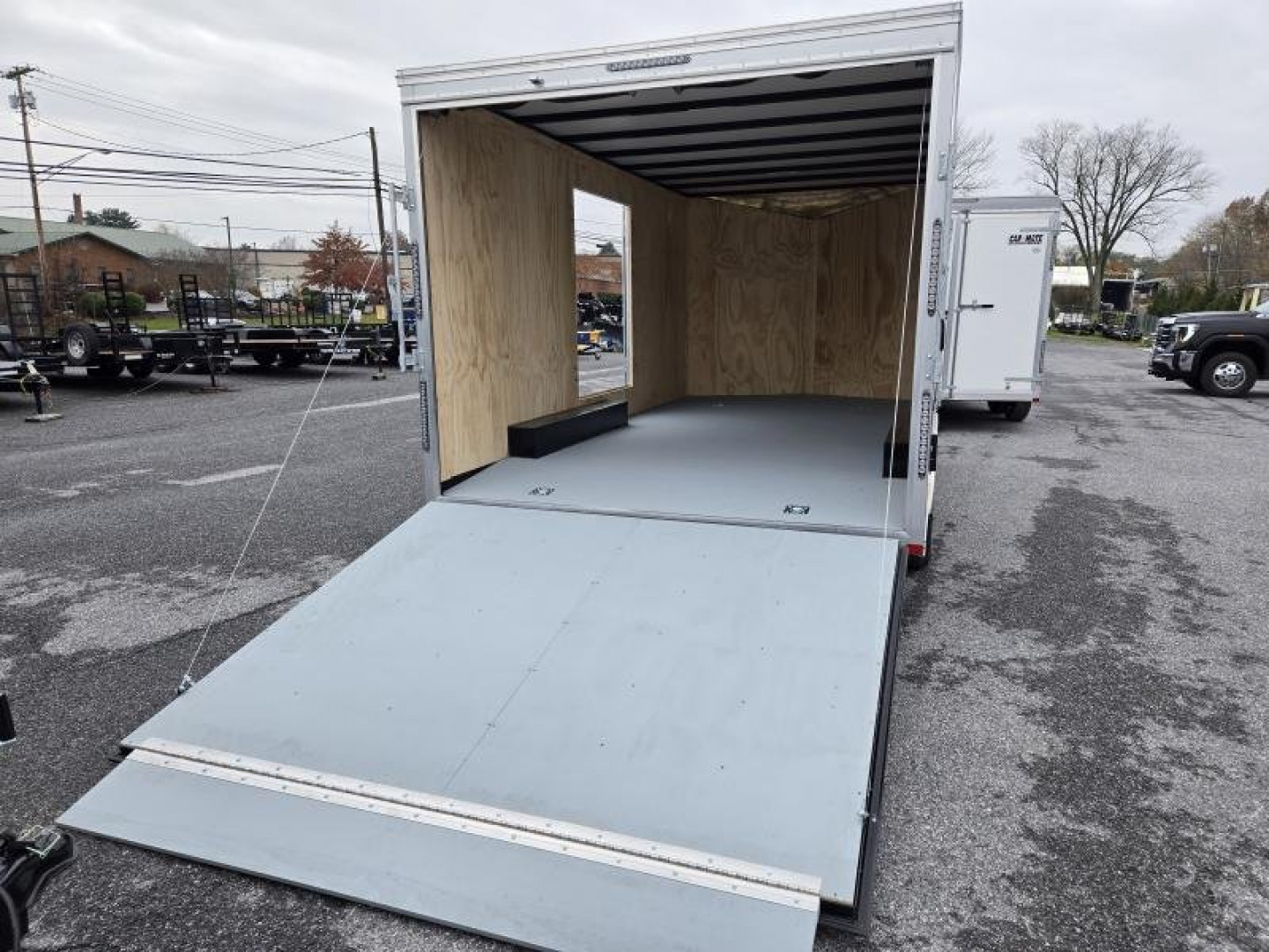 New 8.5 x 16 Car Mate AVALANCHE V-Nose Cargo Trailer, 7k GVWR  ***Silver w/Get Out Door, Ramp Door, Black Wheels, HD Tie Downs