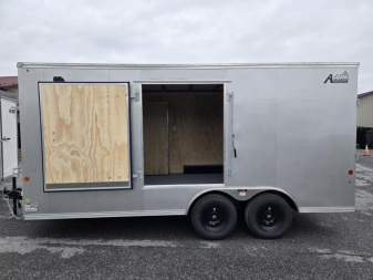 New 8.5 x 16 Car Mate AVALANCHE V-Nose Cargo Trailer, 7k GVWR  ***Silver w/Get Out Door, Ramp Door, Black Wheels, HD Tie Downs