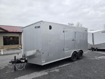 New 8.5 x 16 Car Mate AVALANCHE V-Nose Cargo Trailer, 7k GVWR  ***Silver w/Get Out Door, Ramp Door, Black Wheels, HD Tie Downs