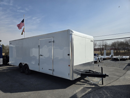 New 8.5 x 24 Car-Mate Custom Enclosed Car Trailer, 10K GVWR ***White w/Get Out Door, 6  Extra Height, 6k Torsion Axles, Black Spoke Wheels
