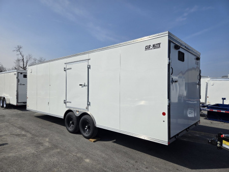 New 8.5 x 24 Car-Mate Custom Enclosed Car Trailer, 10K GVWR ***White w/Get Out Door, 6" Extra Height, 6k Torsion Axles, Black Spoke Wheels