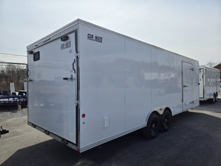 New 8.5 x 24 Car-Mate Custom Enclosed Car Trailer, 10K GVWR ***White w/Get Out Door, 6" Extra Height, 6k Torsion Axles, Black Spoke Wheels