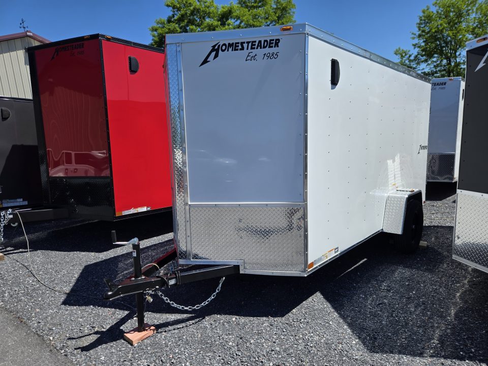 New 6 x 12 Homesteader Intrepid V-Nose Cargo Trailer, 3k GVWR **White PolyCor w/ Barn Doors