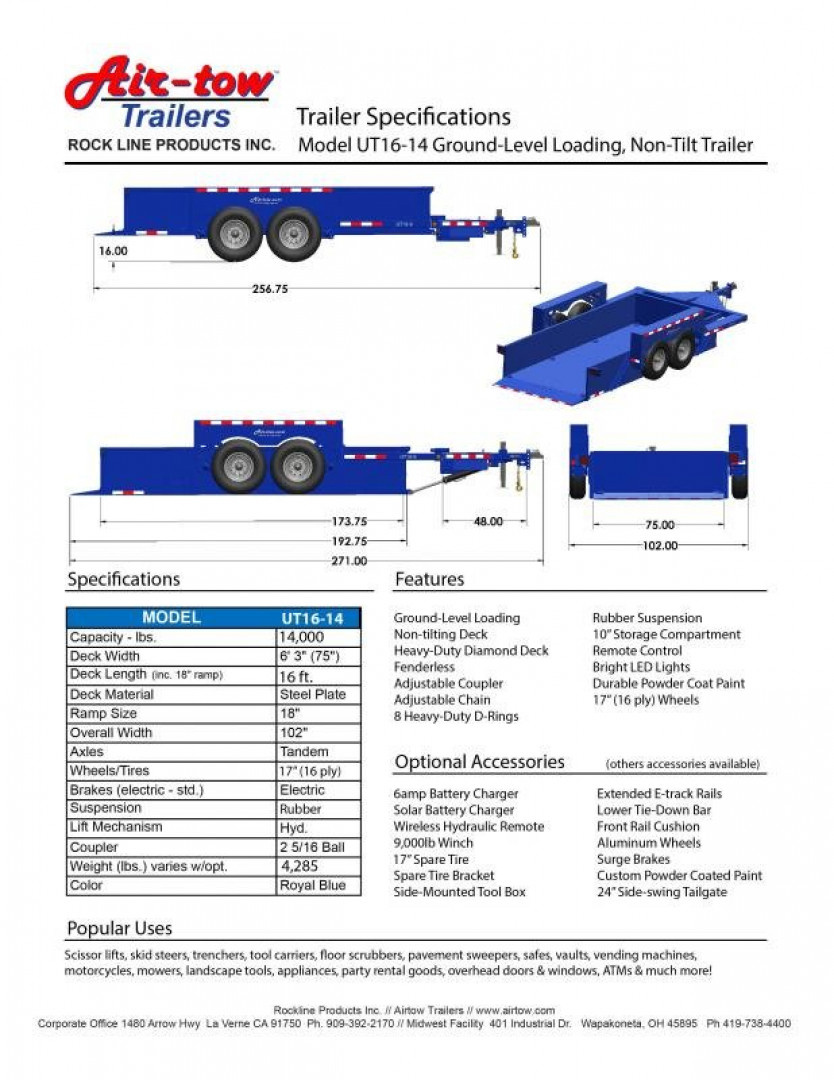 New 6'3" x 16' Air-Tow UT16-14 Steel Side Drop Deck Equipment Flatbed Trailer, 18k ***w/Spare Tire Mount & 110v Battery Charger