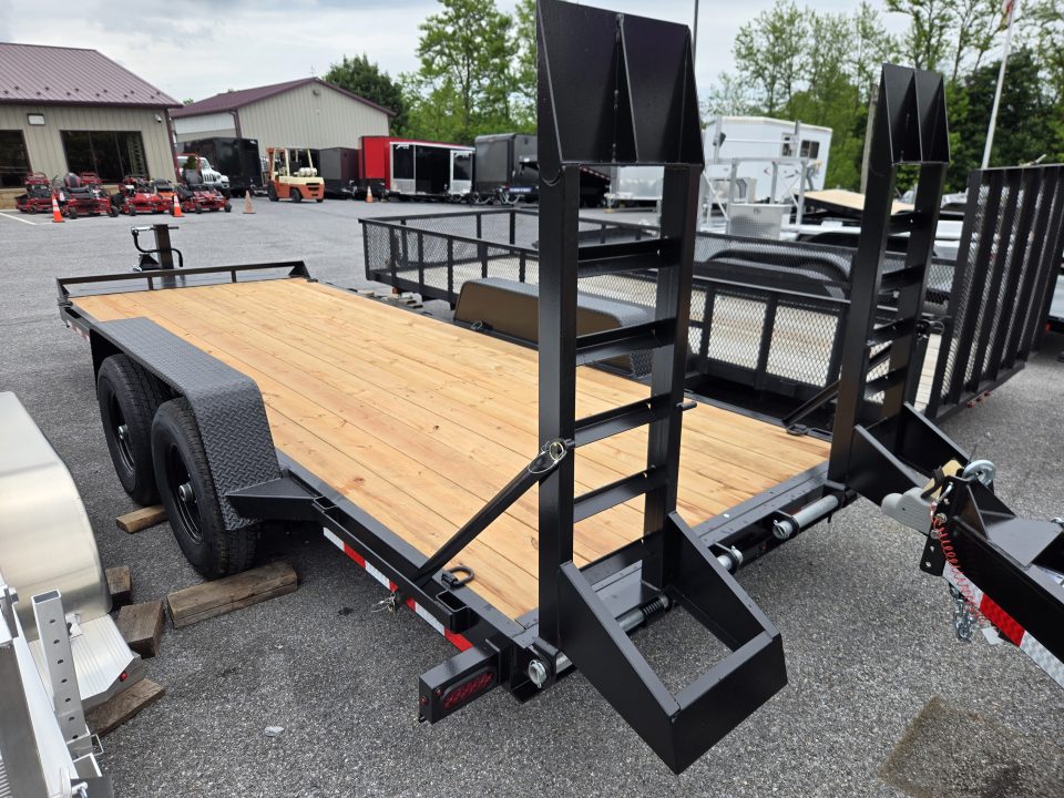 New 7 x 18 BWISE EH14 Implement Equipment Trailer, 14k GVWR **Hammertone Black w/ Tool Storage & Spring Assist Ramps