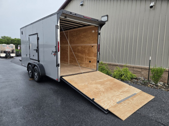 New 7 X 16 Homesteader Intrepid HD V-Nose Enclosed Cargo Trailer, 10k GVWR ***Silver PolyCor Exterior w/Black Out Pkg, Ramp Door, Alum Wheels