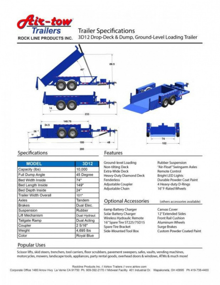 New 6'2" x 12'5" Air Tow 3D-12 Drop-Deck/Dump Trailer, 15K GVWR ***Includes Spare Tire Mount & 110v Battery Charger