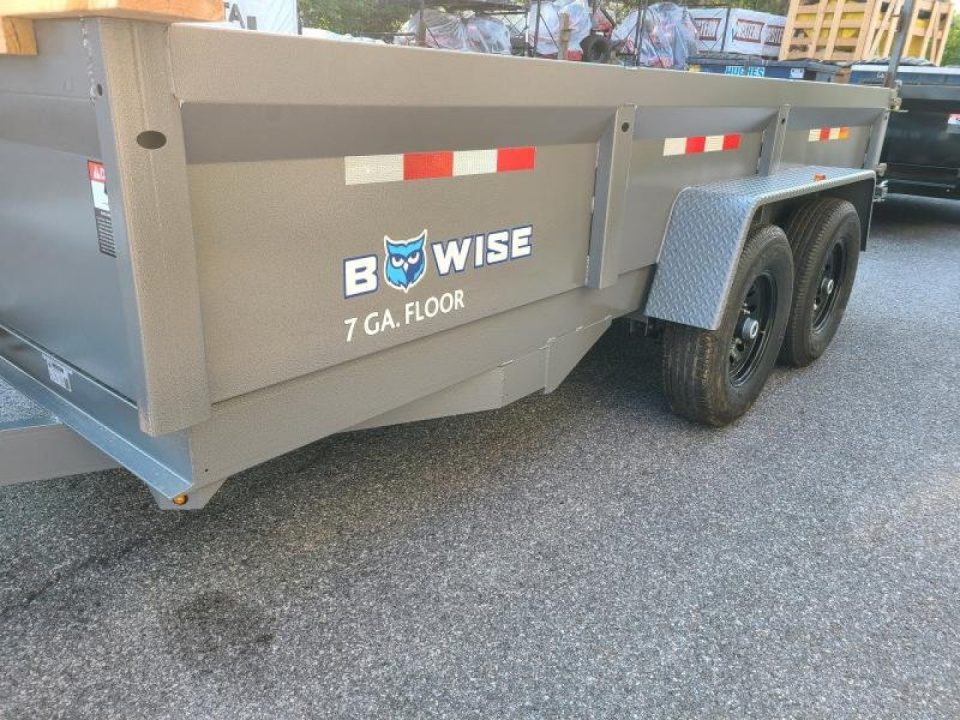 New 7 x 14 B-WISE LE Series Low Profile Dump Trailer, 14K Dual-Ram **Gray Hammertone, 7 GA Floor, Ramps, Dual-Acting Gate, D-Rings