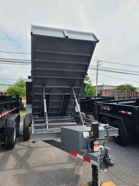 New 7 x 14 B-WISE LE Series Low Profile Dump Trailer, 14K Dual-Ram **Gray Hammertone, 7 GA Floor, Ramps, Dual-Acting Gate, D-Rings
